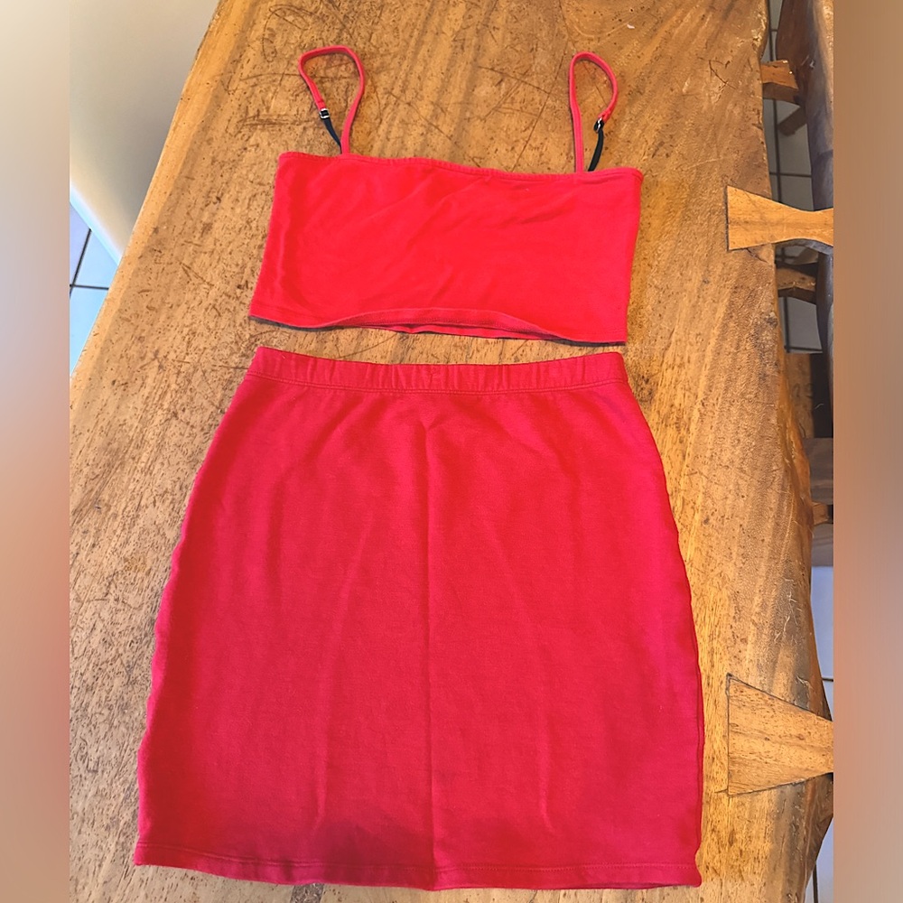 INDAH red cotton spandex crop top and mini skirt